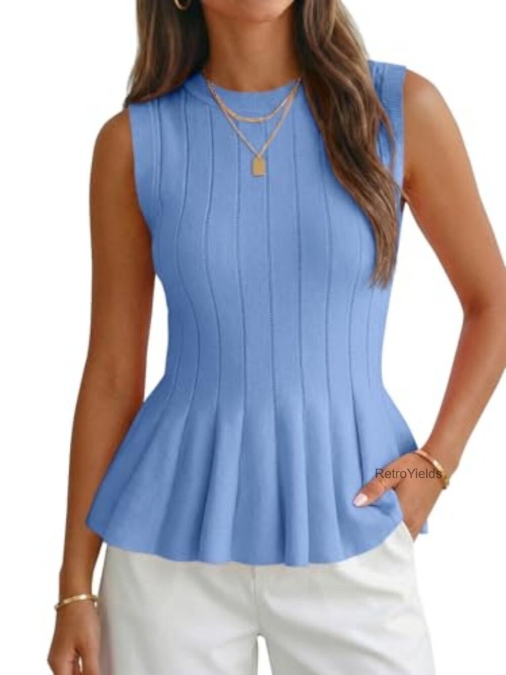 Women's Pleated Peplum Tank Top Fitted Stretchy Knit Sleeveless